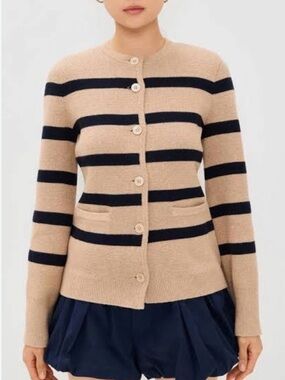Alex Mill Provence Beige and Navy Striped Button-Front Cardigan